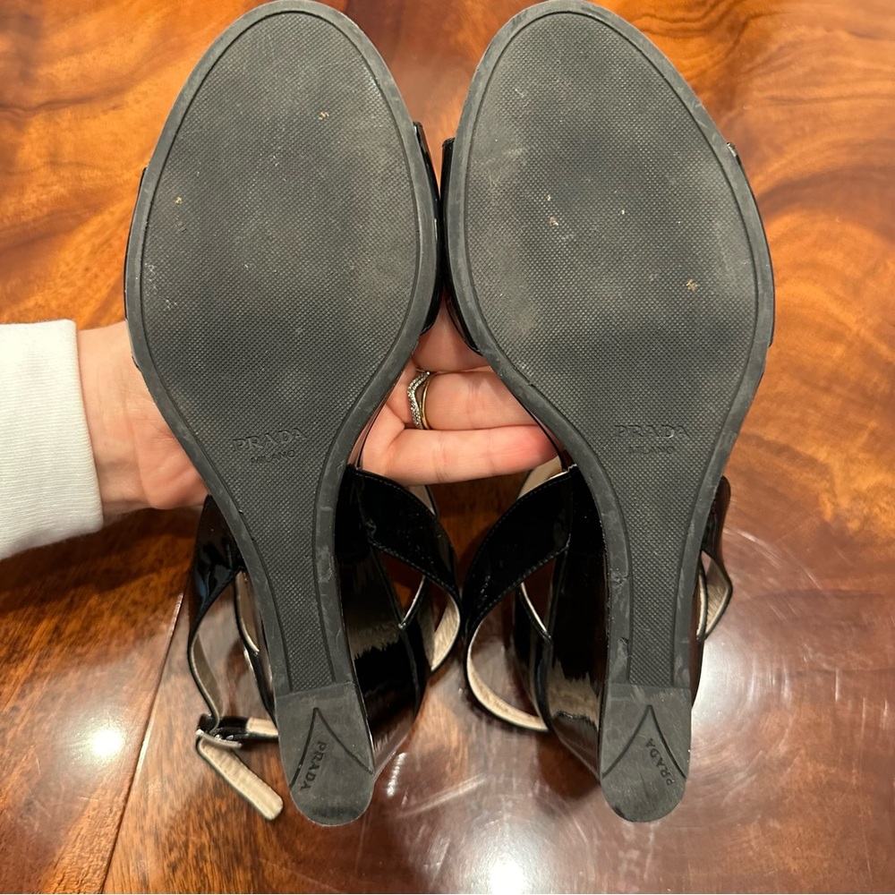 Prada Black Patent Leather Wedge Sandals - Picture 15 of 16